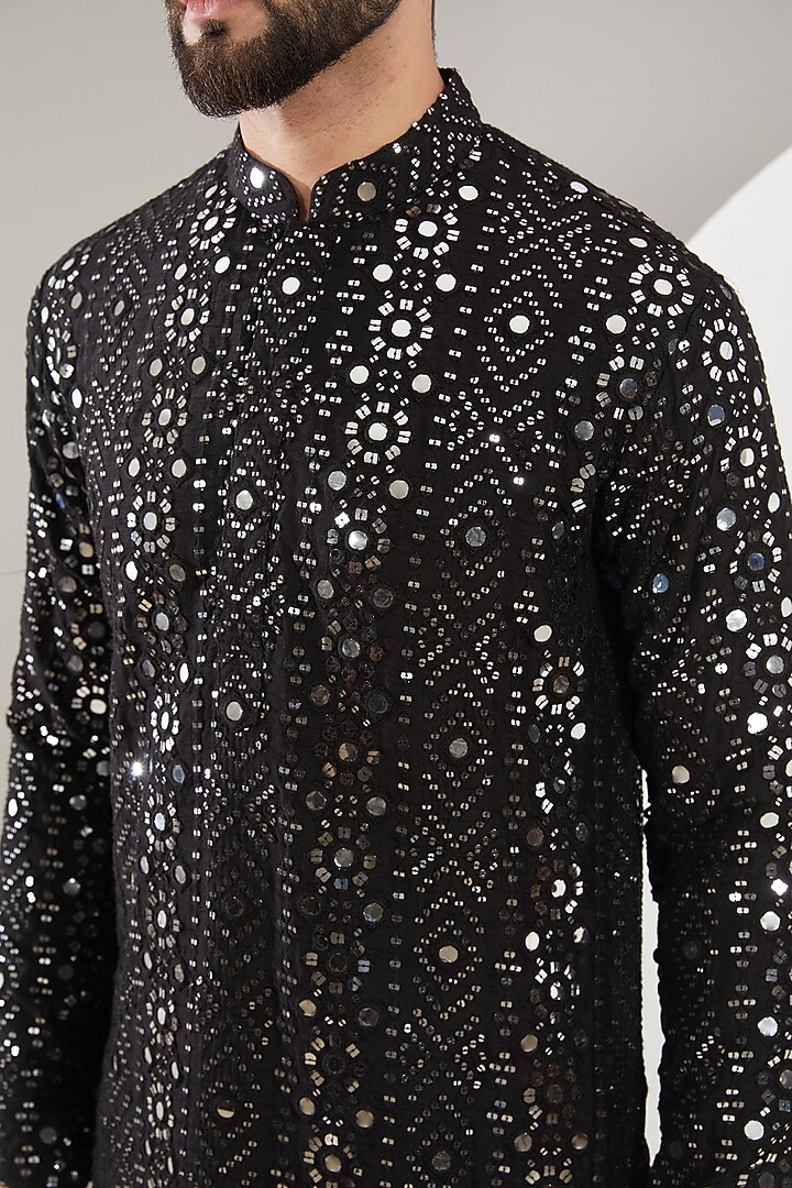 Black Silk Mirror Work Kurta Set by Kasbah Clothing at Pernia's Pop Up Shop