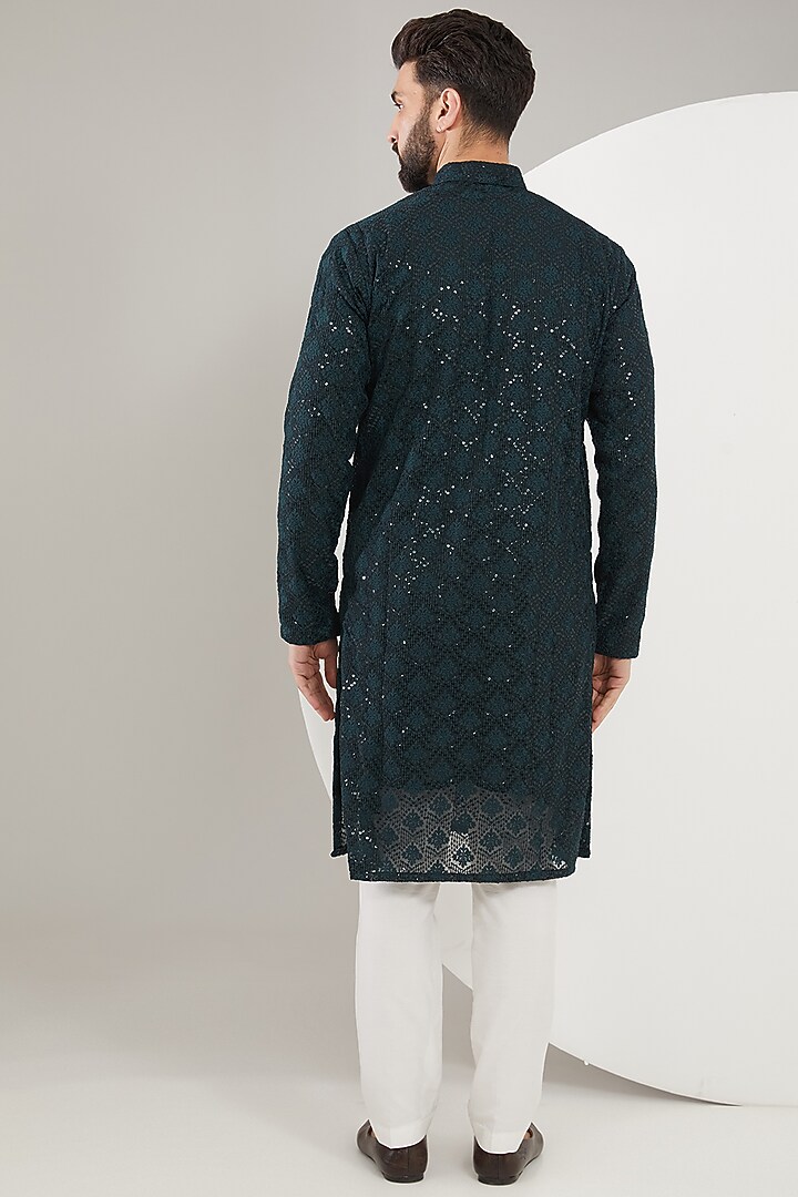 Dark Teal Silk Floral Embroidered Kurta Set by Kasbah Clothing at Pernia's Pop Up Shop