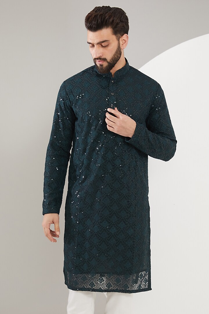 Dark Teal Silk Floral Embroidered Kurta Set by Kasbah Clothing at Pernia's Pop Up Shop