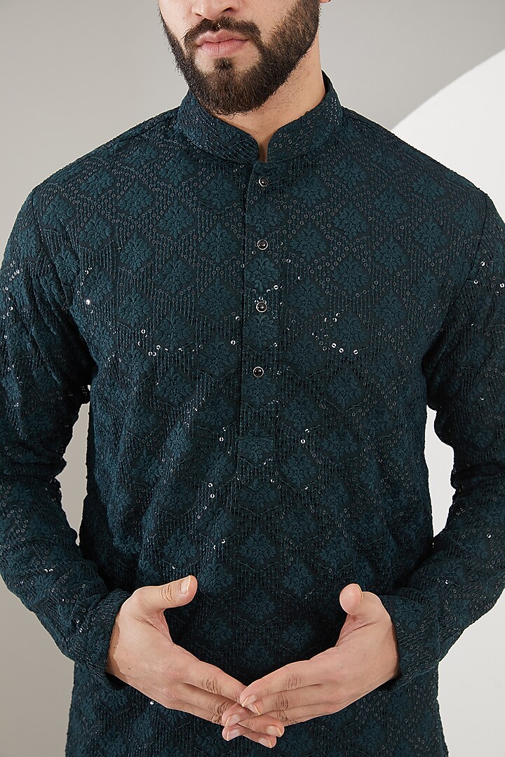 Dark Teal Silk Floral Embroidered Kurta Set by Kasbah Clothing at Pernia's Pop Up Shop