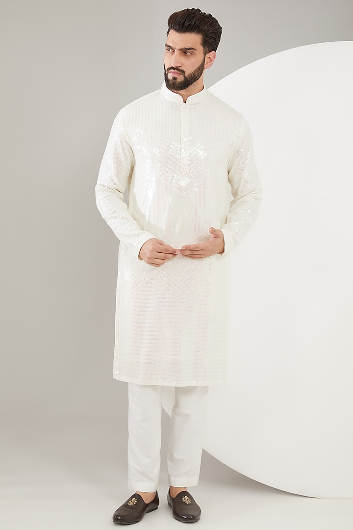 White Georgette Sequins Embroidered Kurta Set by Kasbah Clothing