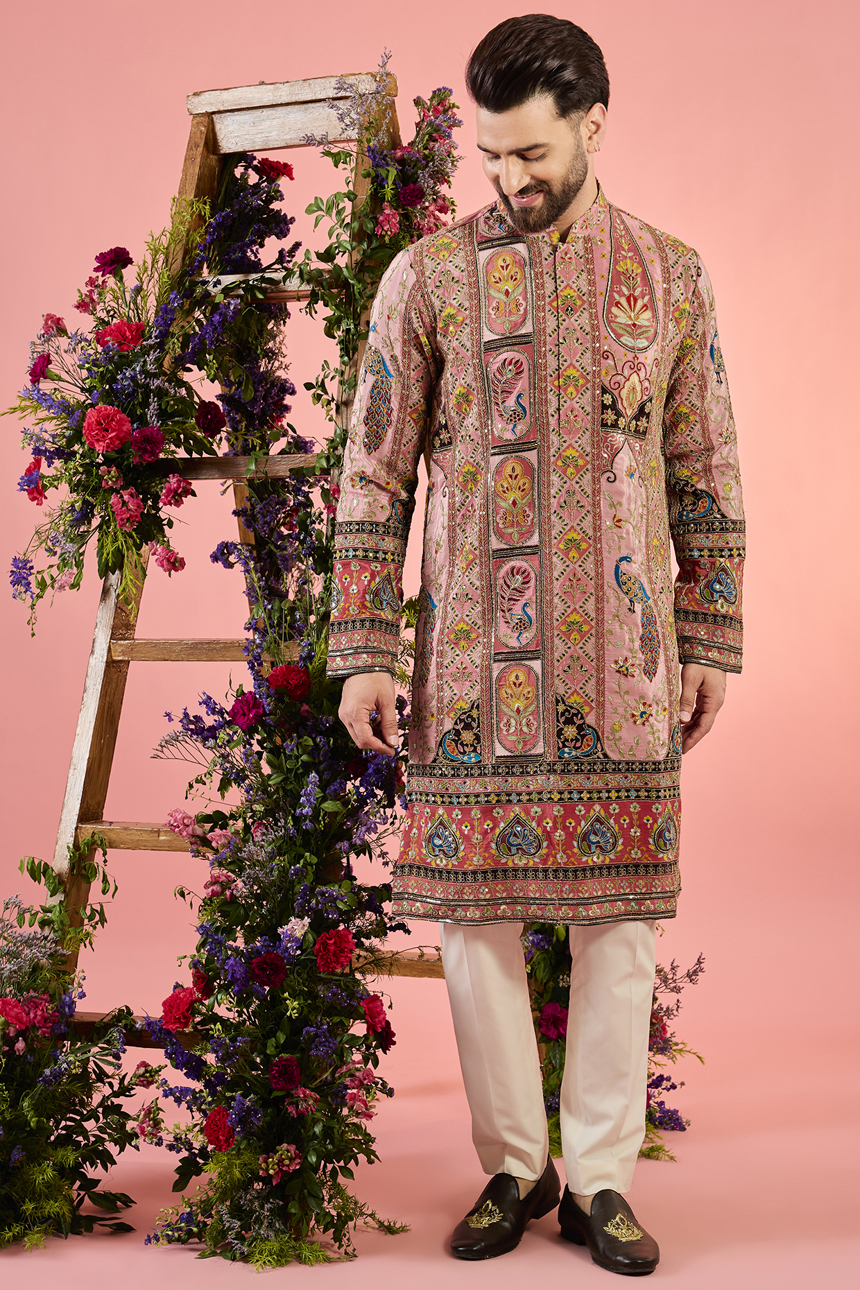 Pink Chanderi Thread Embroidered Chikankari Kurta by Kasbah Clothing