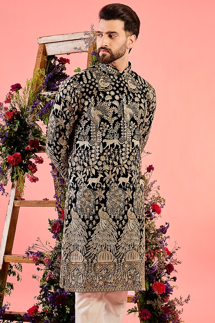 Black Georgette Threadwork Kurta by Kasbah Clothing at Pernia's Pop Up Shop
