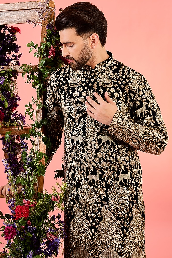 Black Georgette Threadwork Kurta by Kasbah Clothing at Pernia's Pop Up Shop