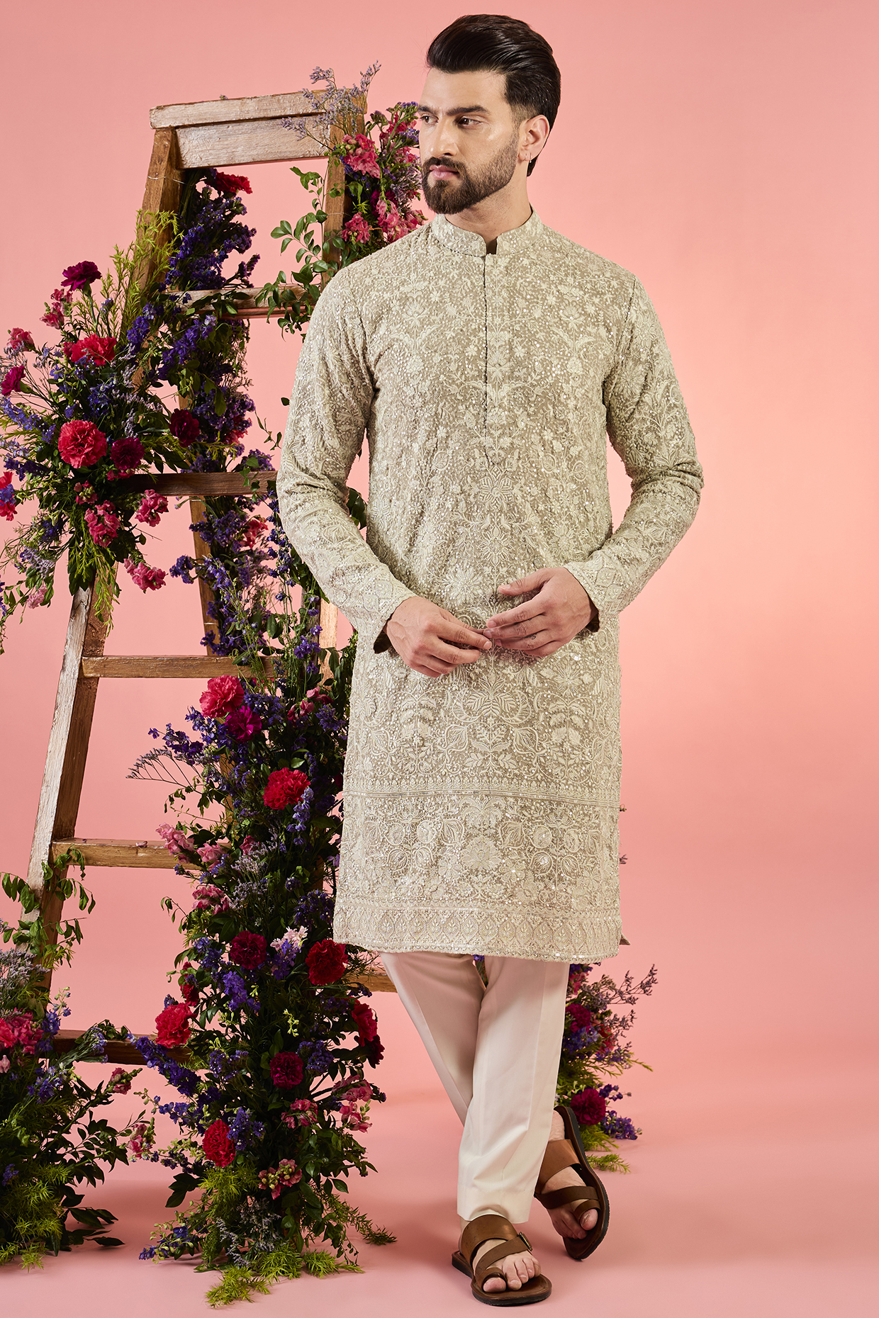 Beige Georgette Chikankari Work Kurta by Kasbah Clothing