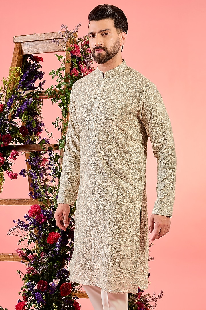 Beige Georgette Chikankari Work Kurta by Kasbah Clothing at Pernia's Pop Up Shop