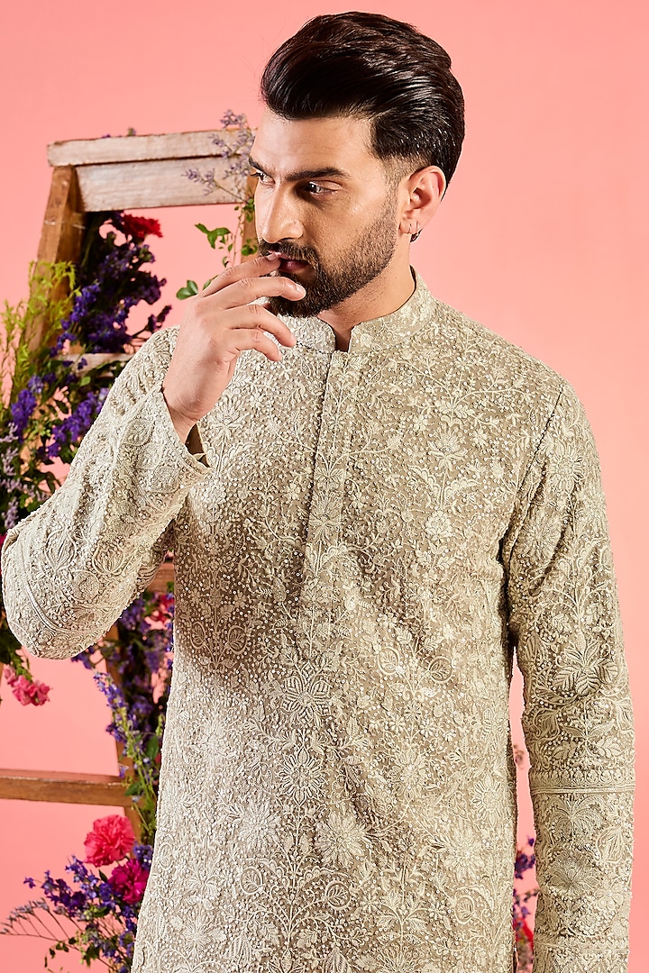 Beige Georgette Chikankari Work Kurta by Kasbah Clothing at Pernia's Pop Up Shop