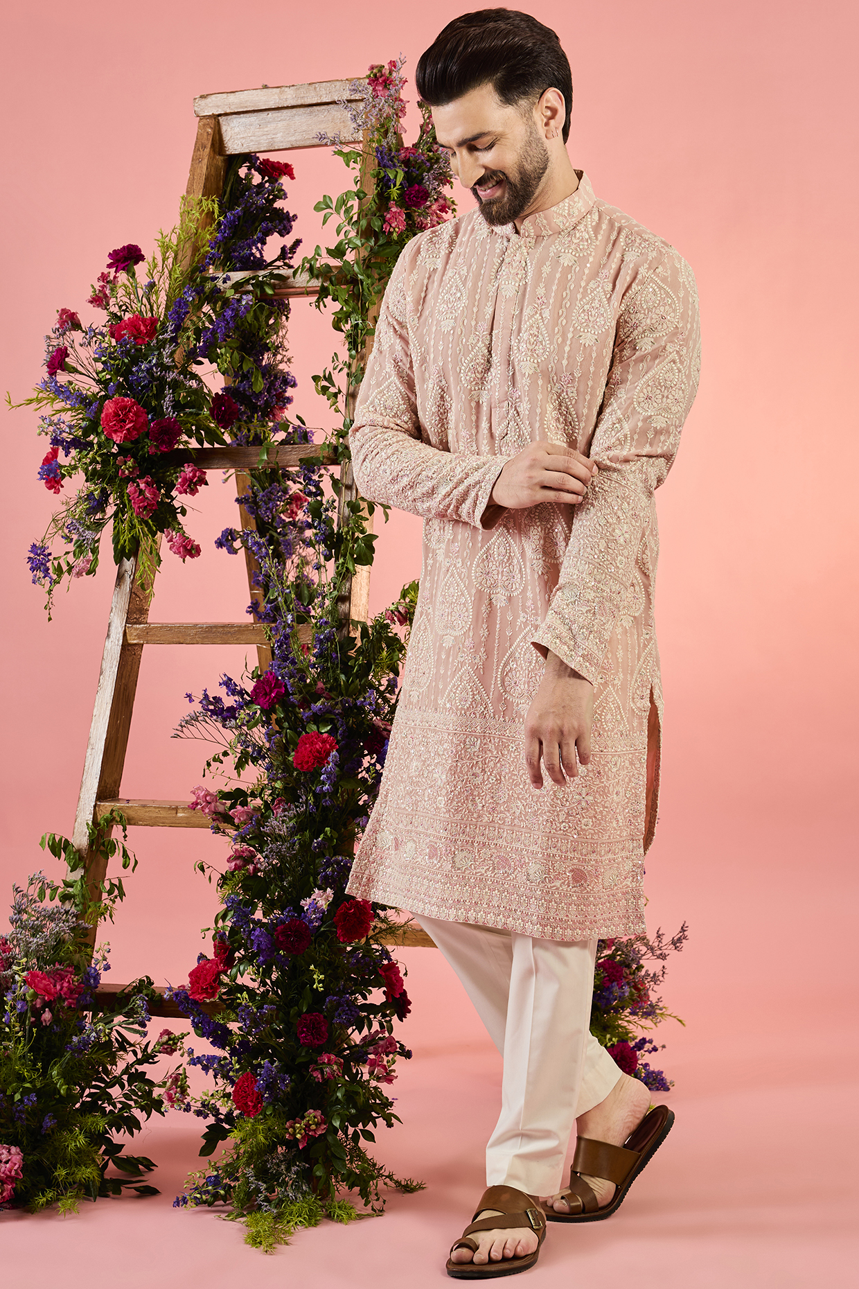 Pink Georgette Chikankari Work Kurta by Kasbah Clothing