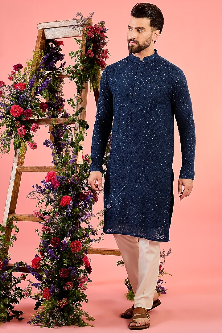Blue Georgette Thread Embroidered Kurta by Kasbah Clothing at Pernia's Pop Up Shop