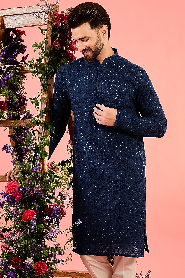 Blue Georgette Thread Embroidered Kurta by Kasbah Clothing at Pernia's Pop Up Shop