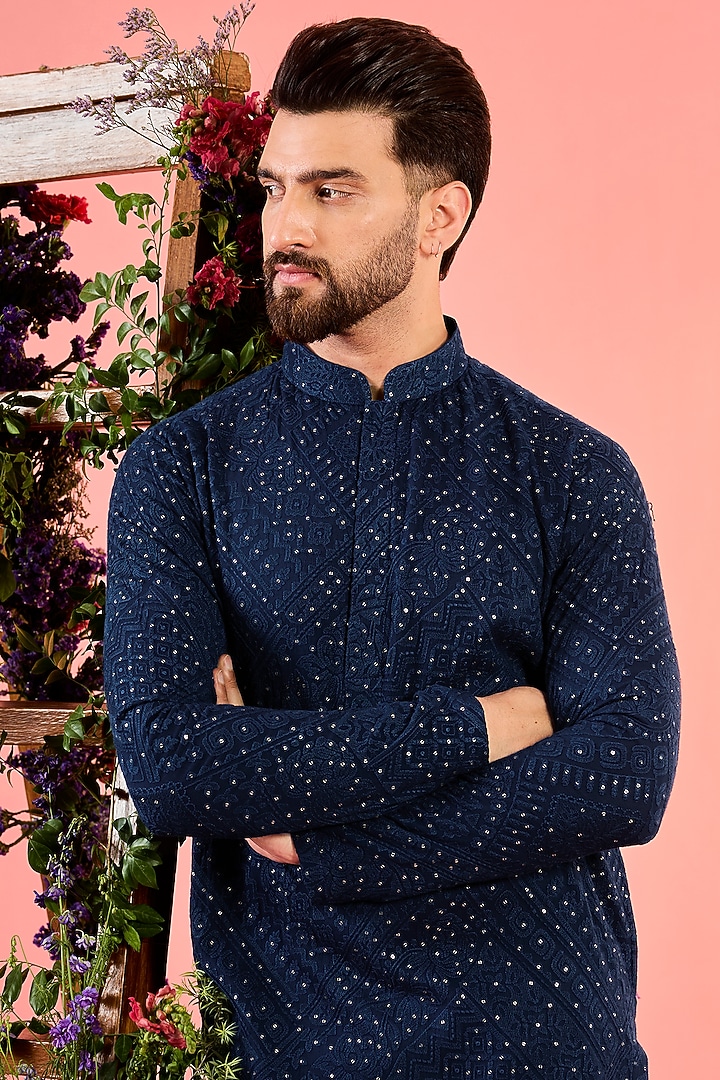 Blue Georgette Thread Embroidered Kurta by Kasbah Clothing at Pernia's Pop Up Shop