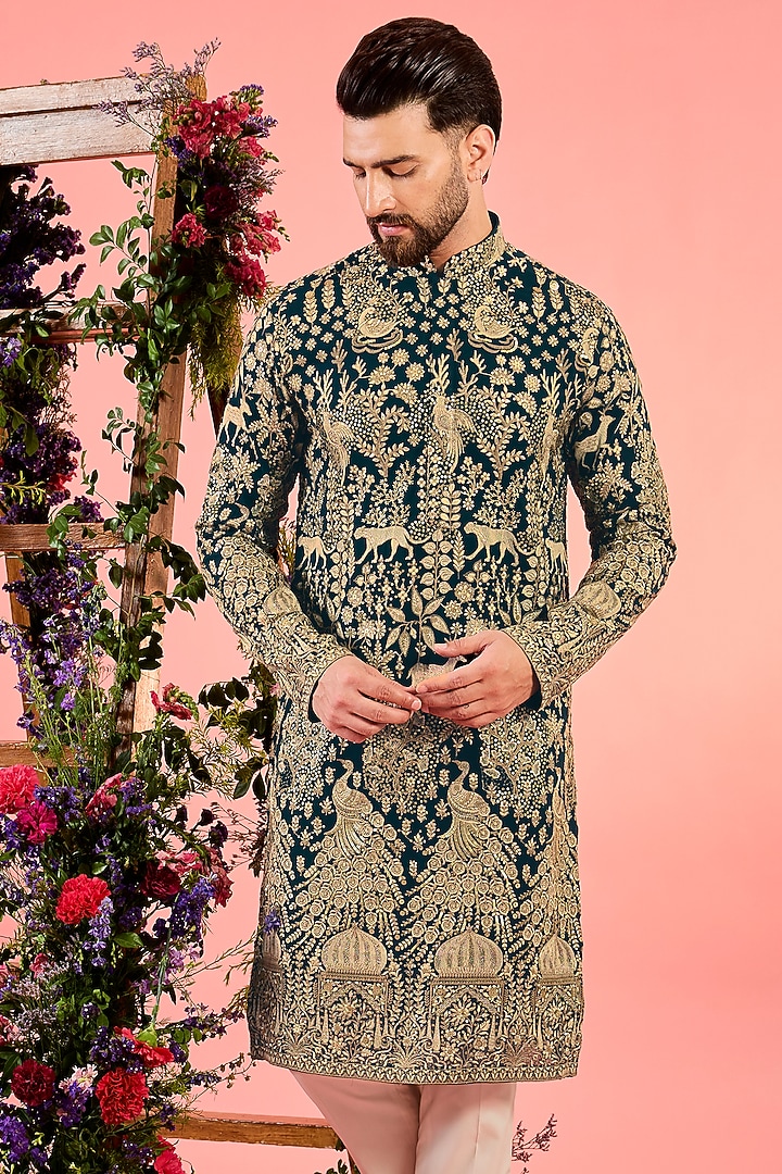 Green Georgette Sequin Embellishment Kurta by Kasbah Clothing at Pernia's Pop Up Shop