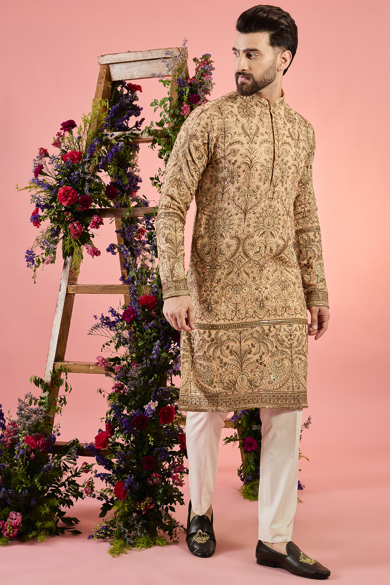 Peach Georgette Floral Zari Embroidered Kurta by Kasbah Clothing