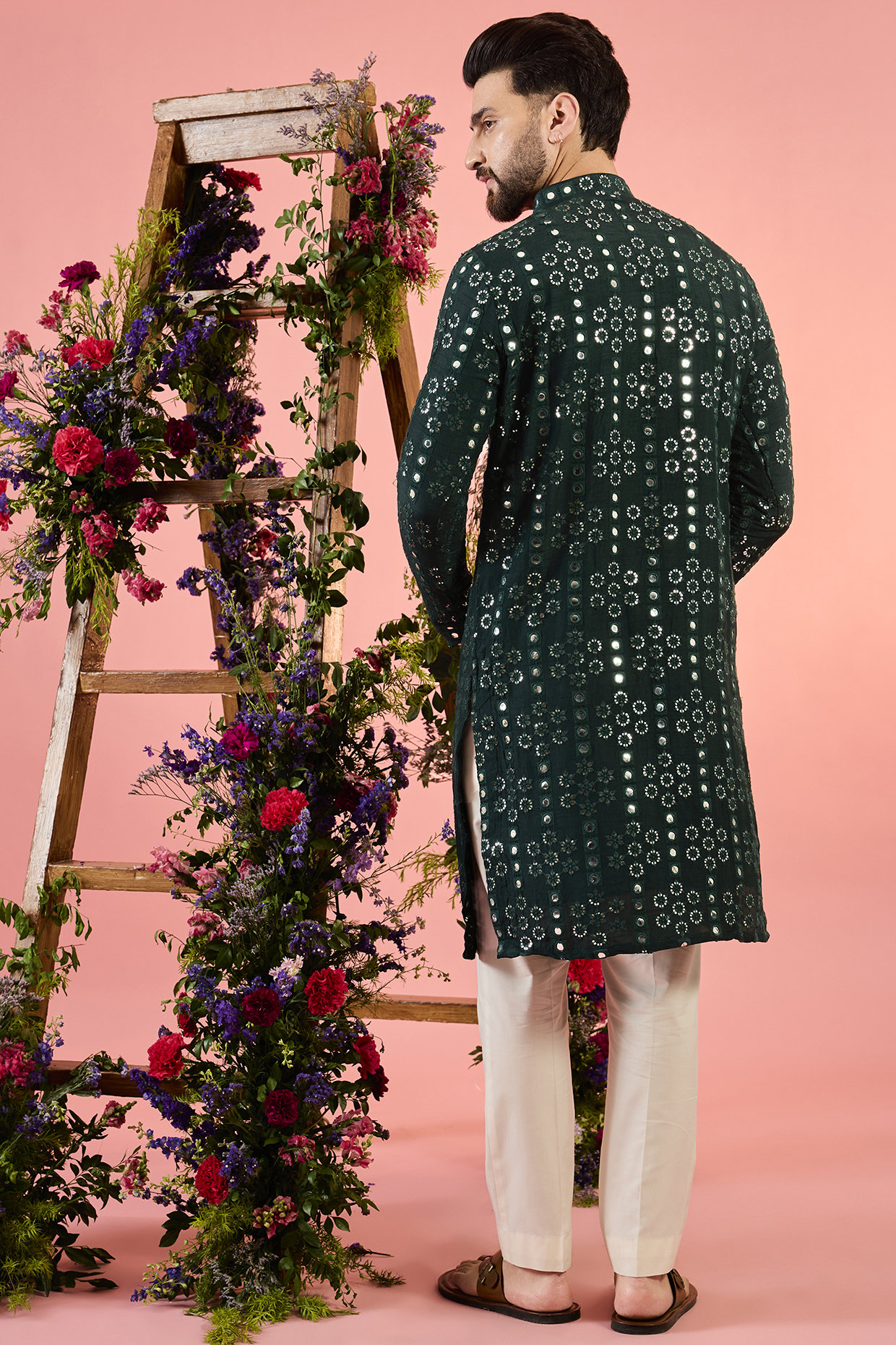 Green Silk Mirror Work Kurta by Kasbah Clothing