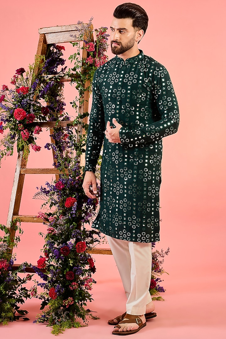 Green Silk Mirror Work Kurta by Kasbah Clothing at Pernia's Pop Up Shop