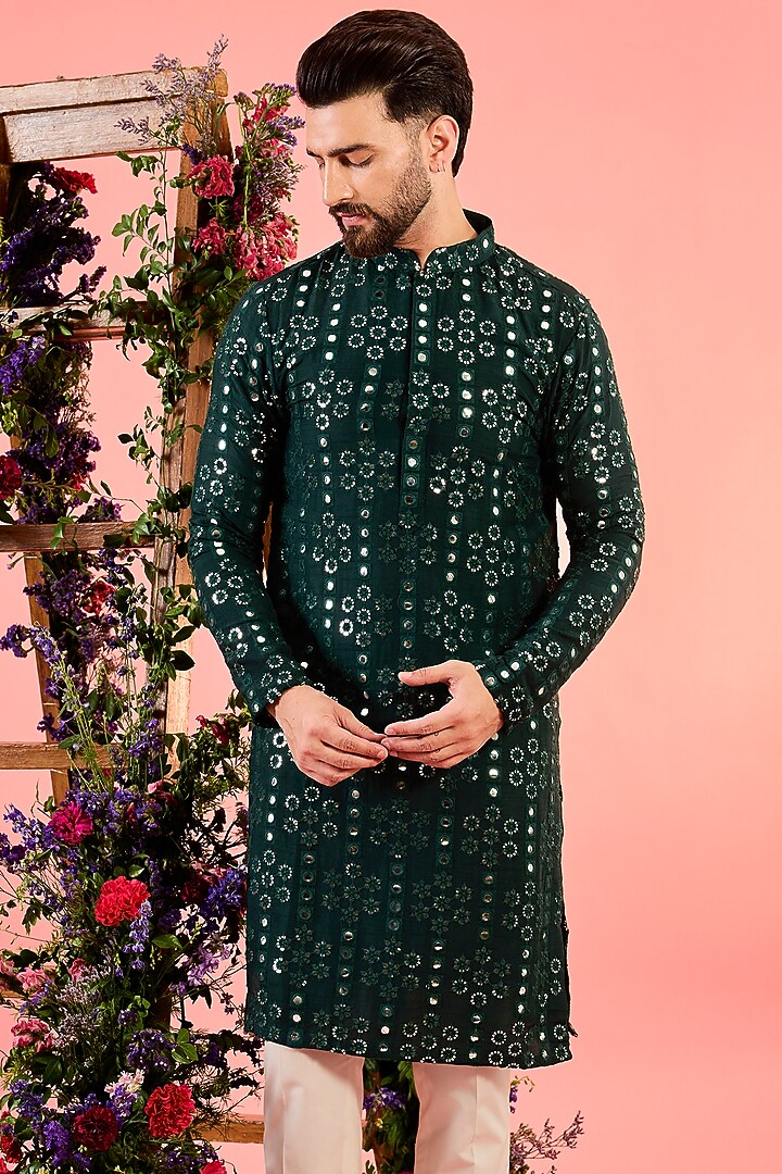 Green Silk Mirror Work Kurta by Kasbah Clothing at Pernia's Pop Up Shop