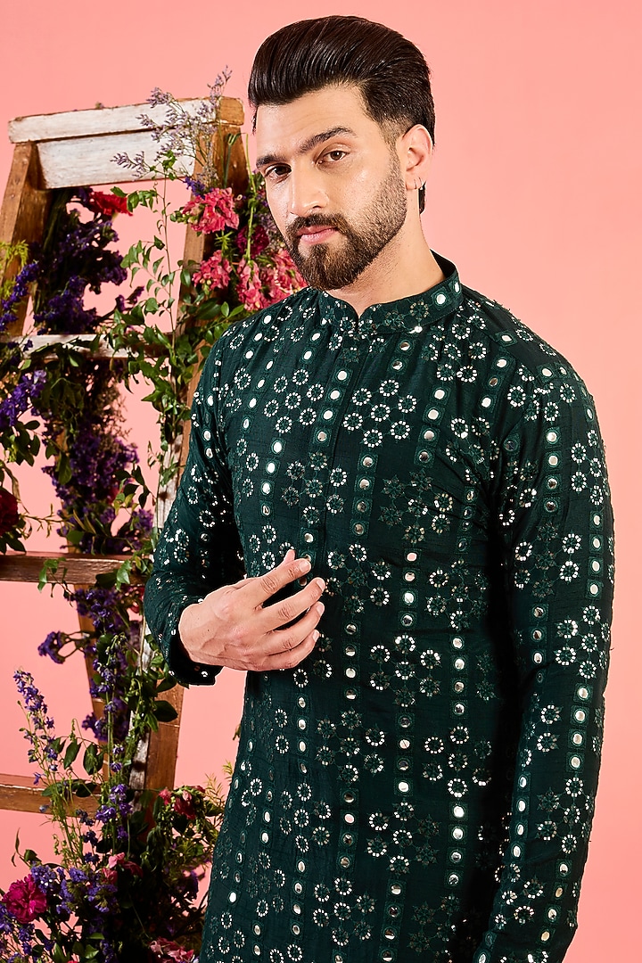 Green Silk Mirror Work Kurta by Kasbah Clothing at Pernia's Pop Up Shop