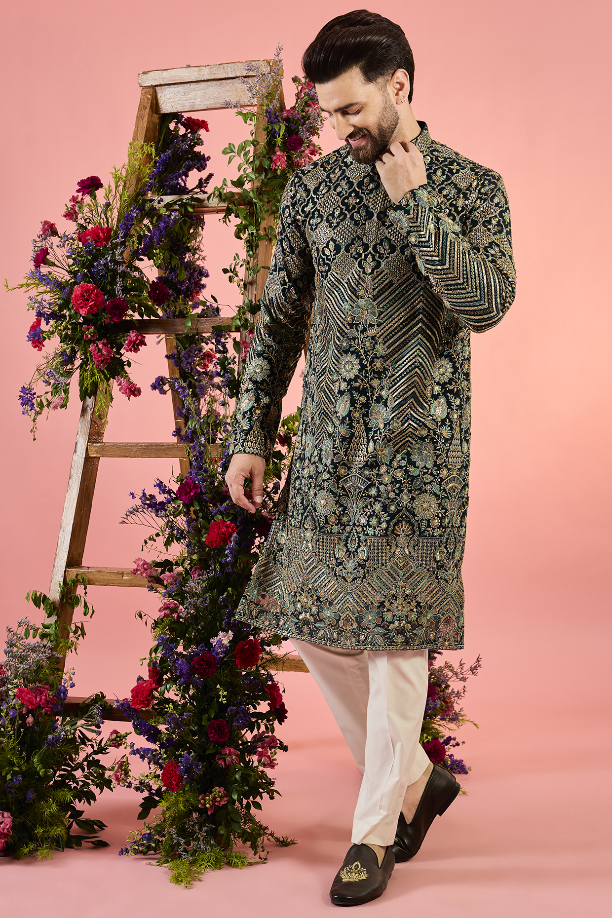 Green Georgette Floral Embroidered Kurta by Kasbah Clothing