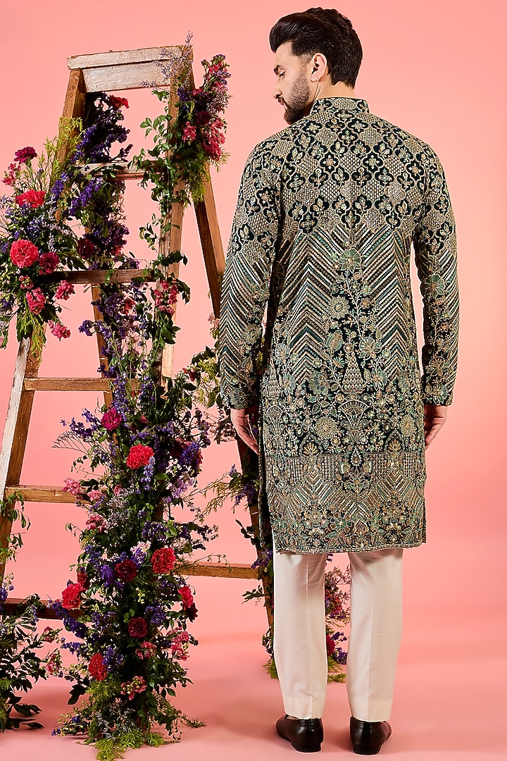 Green Georgette Floral Embroidered Kurta by Kasbah Clothing at Pernia's Pop Up Shop