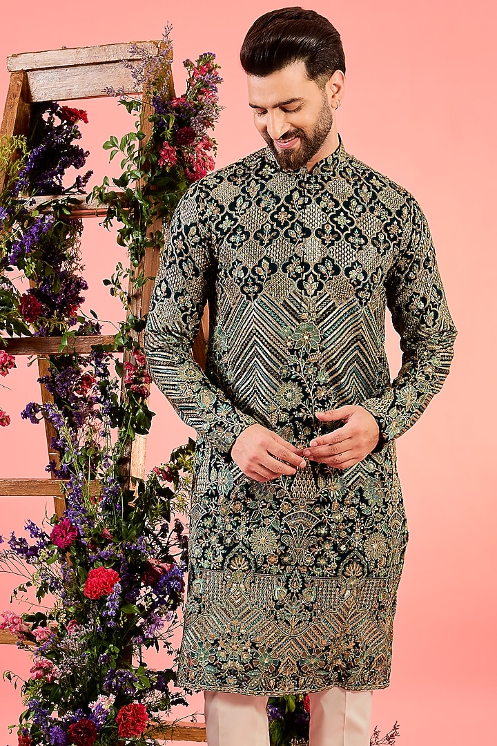 Green Georgette Floral Embroidered Kurta by Kasbah Clothing at Pernia's Pop Up Shop