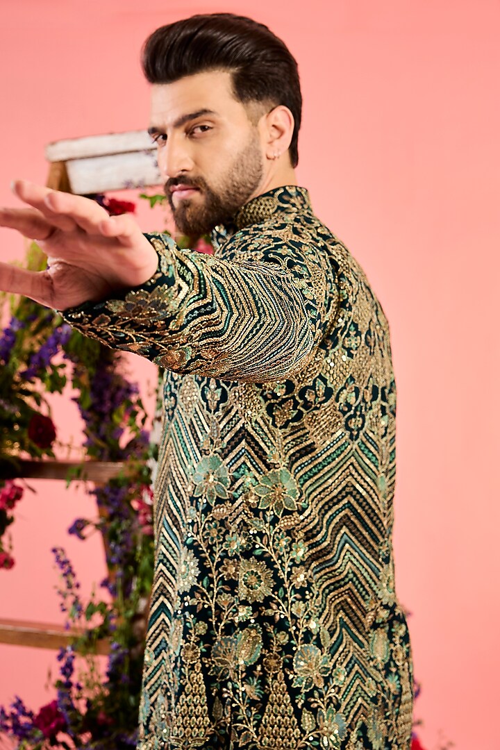 Green Georgette Floral Embroidered Kurta by Kasbah Clothing at Pernia's Pop Up Shop