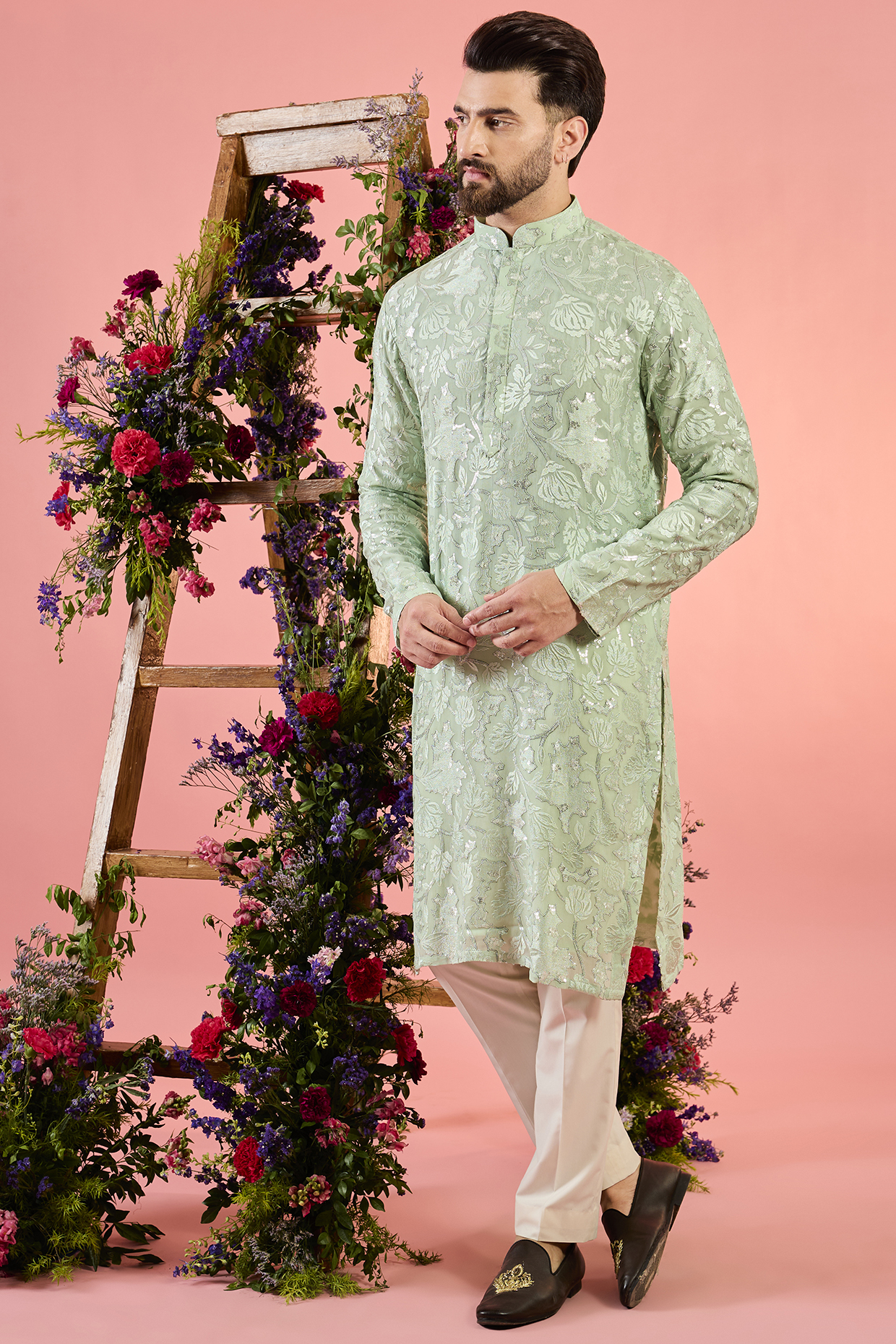 Green Georgette Sequins Work Chikankari Kurta by Kasbah Clothing