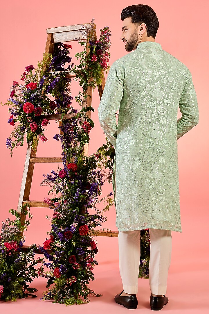Green Georgette Sequins Work Chikankari Kurta by Kasbah Clothing at Pernia's Pop Up Shop