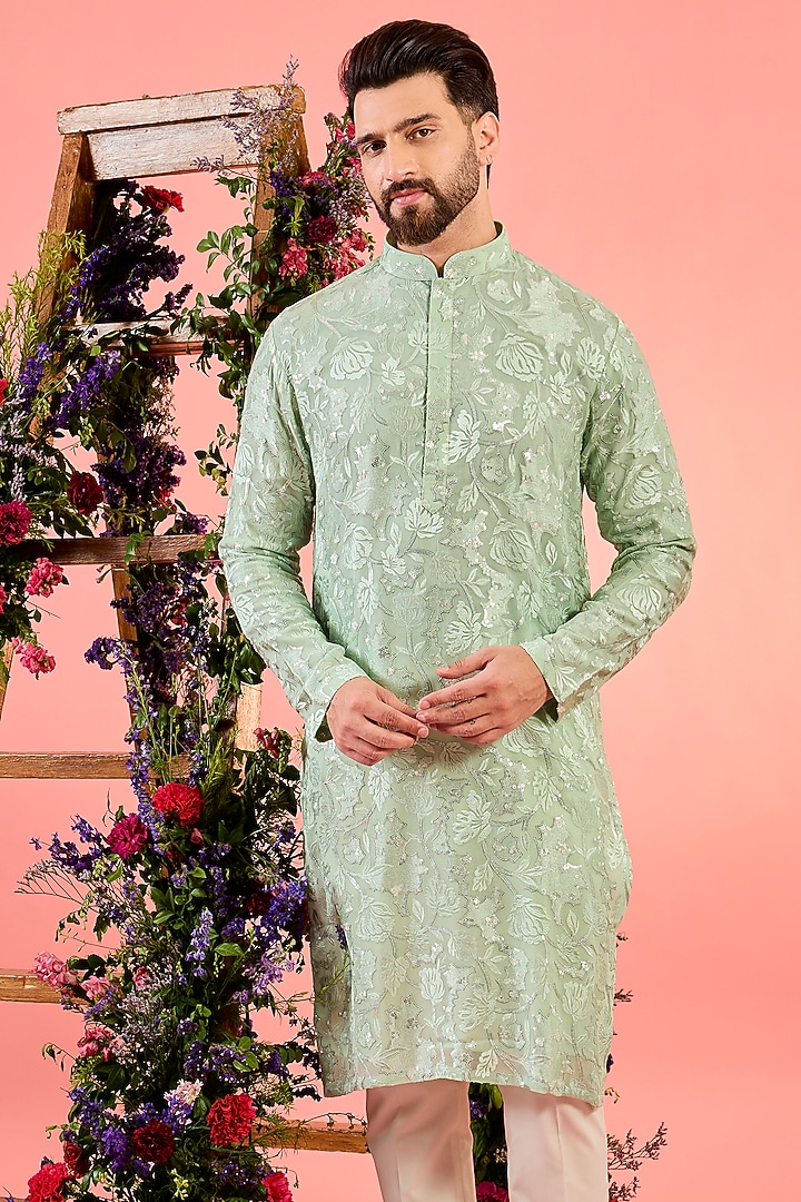 Green Georgette Sequins Work Chikankari Kurta by Kasbah Clothing at Pernia's Pop Up Shop