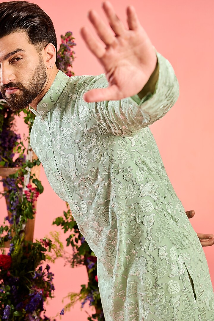 Green Georgette Sequins Work Chikankari Kurta by Kasbah Clothing at Pernia's Pop Up Shop