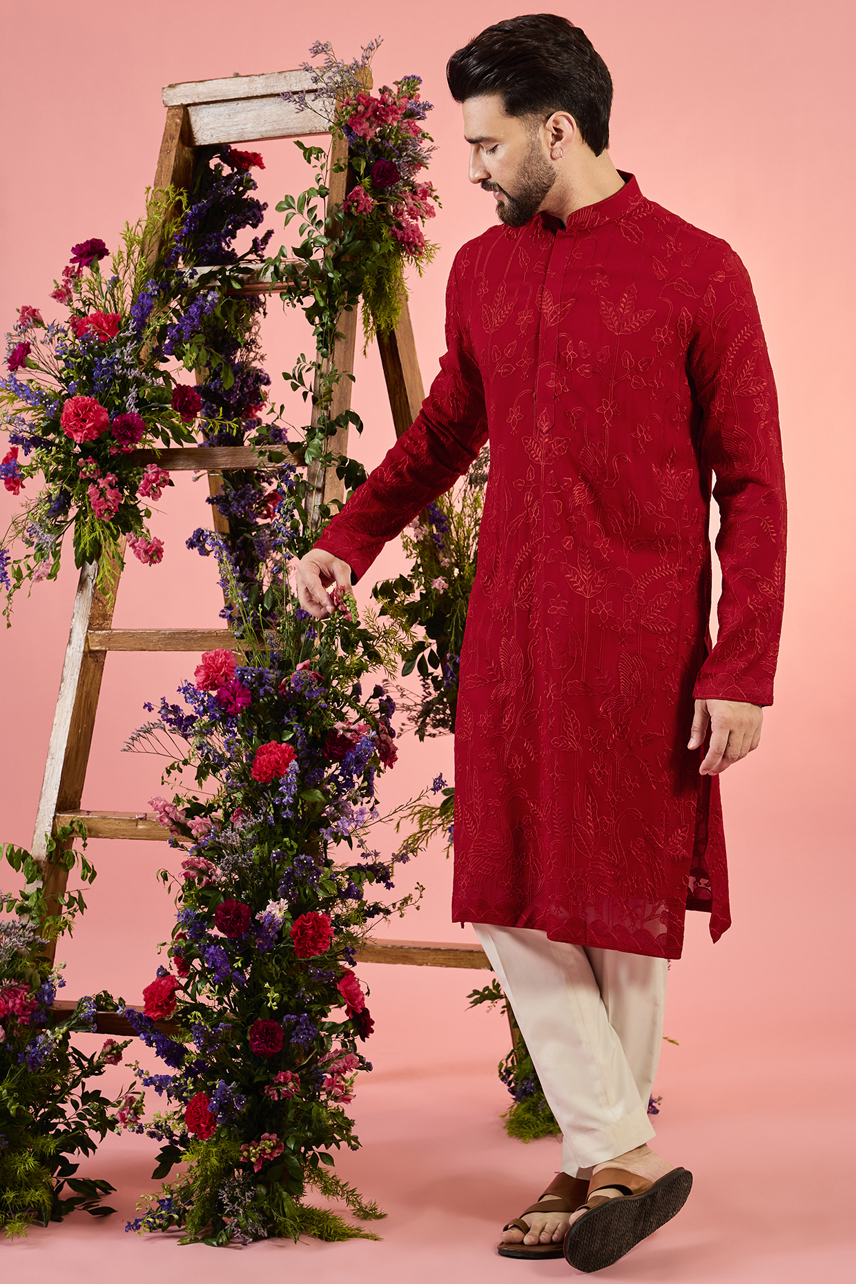 Red Georgette Flora & Fauna Embroidered Kurta by Kasbah Clothing
