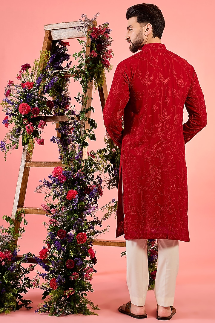 Red Georgette Flora & Fauna Embroidered Kurta by Kasbah Clothing at Pernia's Pop Up Shop