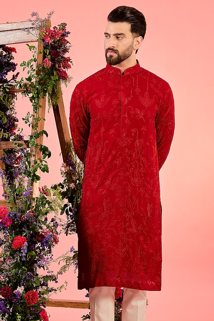 Red Georgette Flora & Fauna Embroidered Kurta by Kasbah Clothing at Pernia's Pop Up Shop