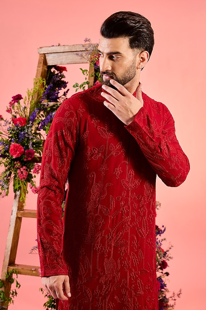 Red Georgette Flora & Fauna Embroidered Kurta by Kasbah Clothing at Pernia's Pop Up Shop