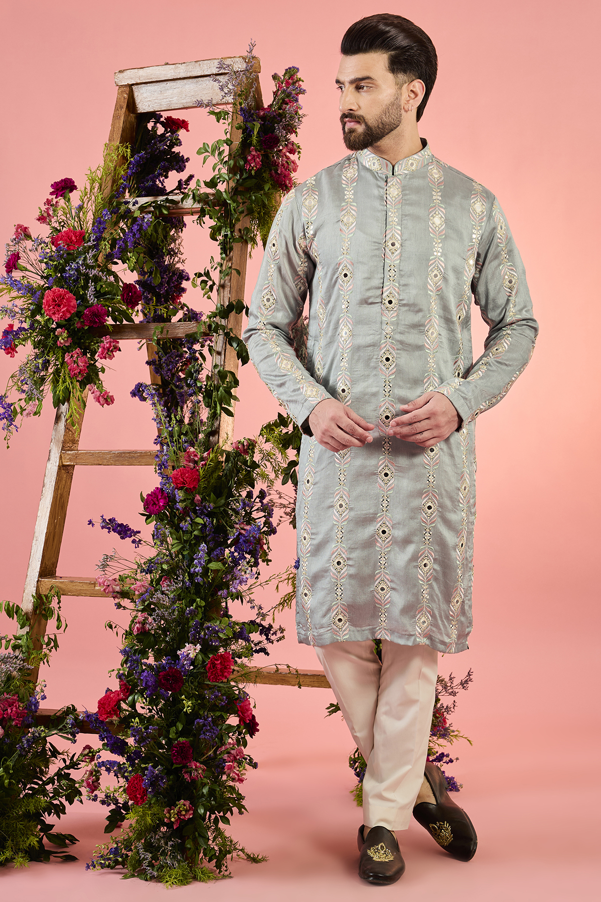 Grey Silk Mirror Work Kurta by Kasbah Clothing