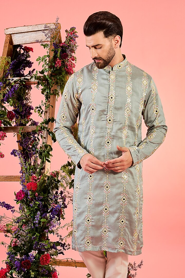 Grey Silk Mirror Work Kurta by Kasbah Clothing at Pernia's Pop Up Shop