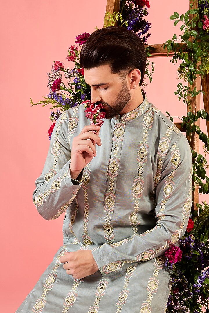 Grey Silk Mirror Work Kurta by Kasbah Clothing at Pernia's Pop Up Shop