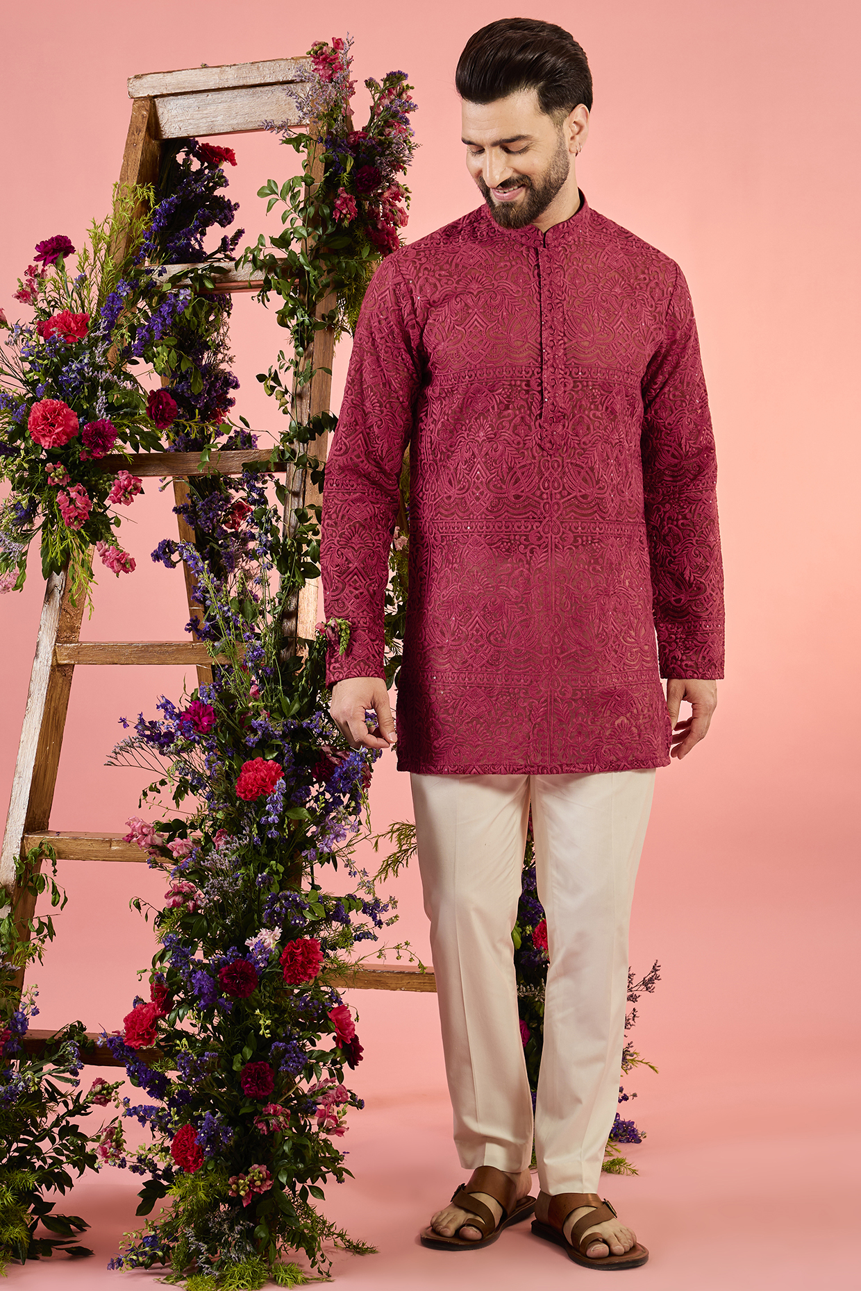 Red Organza Chikankari Embroidered Short Sheer Kurta by Kasbah Clothing