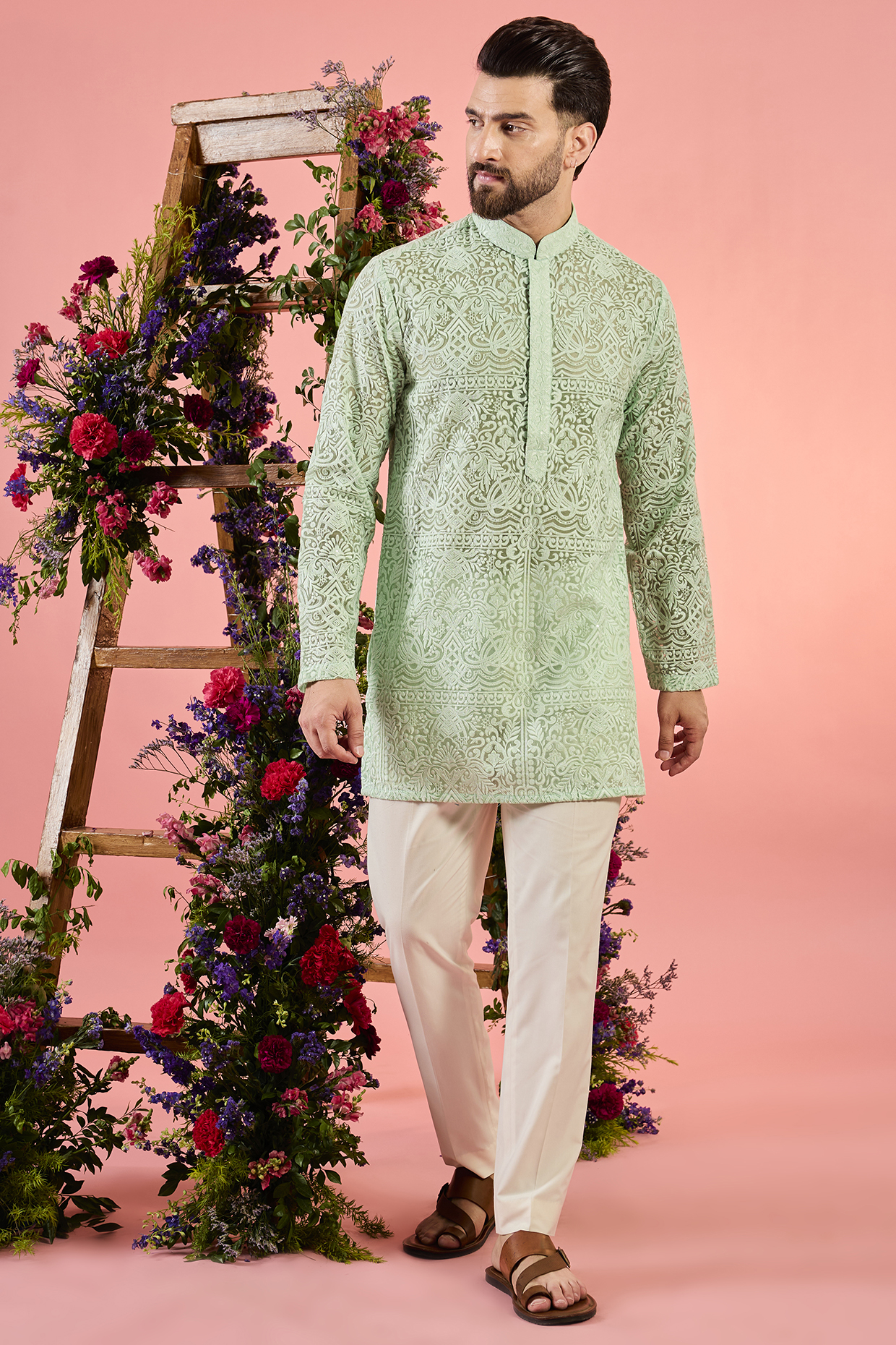 Green Organza Chikankari Embroidered Short Sheer Kurta by Kasbah Clothing