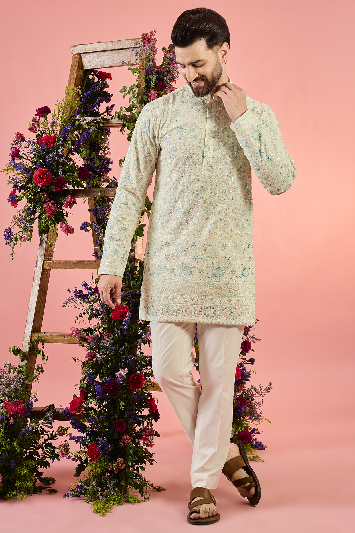 White & Sea Green Georgette Sequin Embellished Short Kurta by Kasbah Clothing