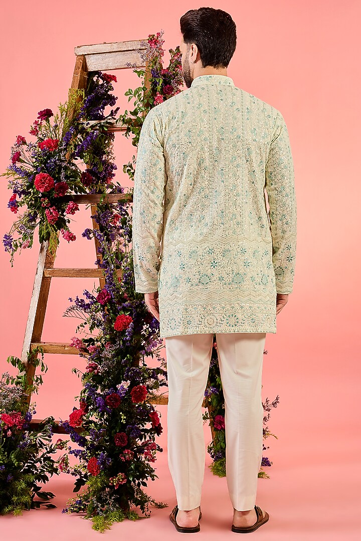 White & Sea Green Georgette Sequin Embellished Short Kurta by Kasbah Clothing at Pernia's Pop Up Shop