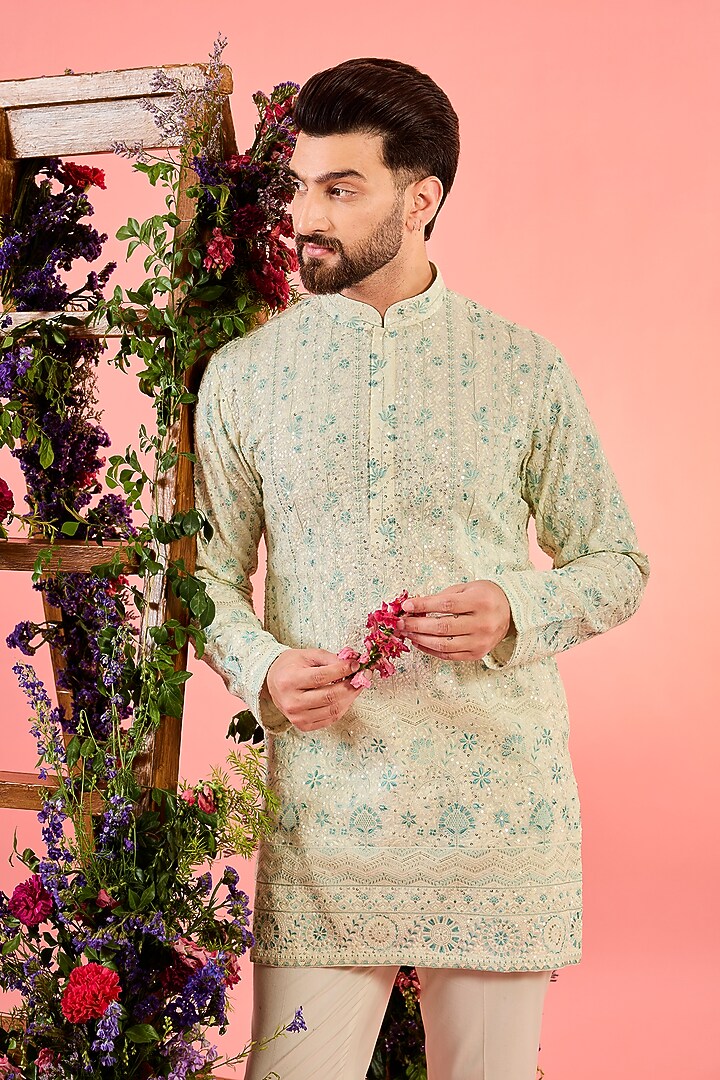 White & Sea Green Georgette Sequin Embellished Short Kurta by Kasbah Clothing at Pernia's Pop Up Shop