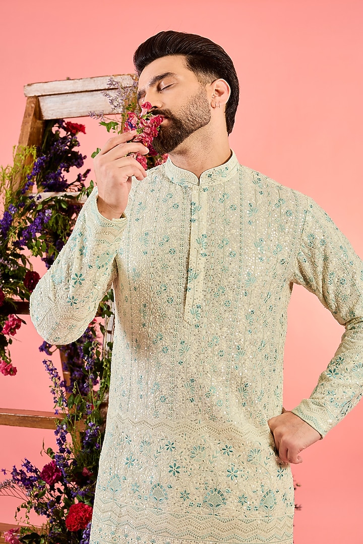 White & Sea Green Georgette Sequin Embellished Short Kurta by Kasbah Clothing at Pernia's Pop Up Shop