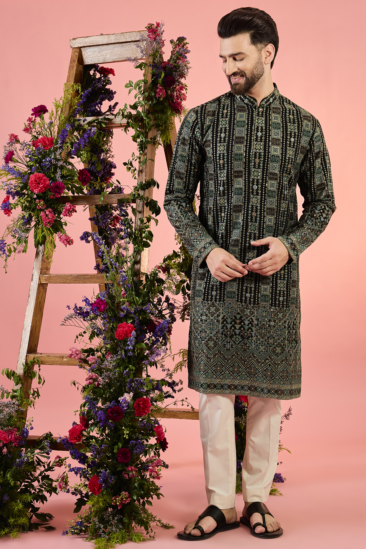 Black Georgette Kashmiri Threadwork Kurta by Kasbah Clothing