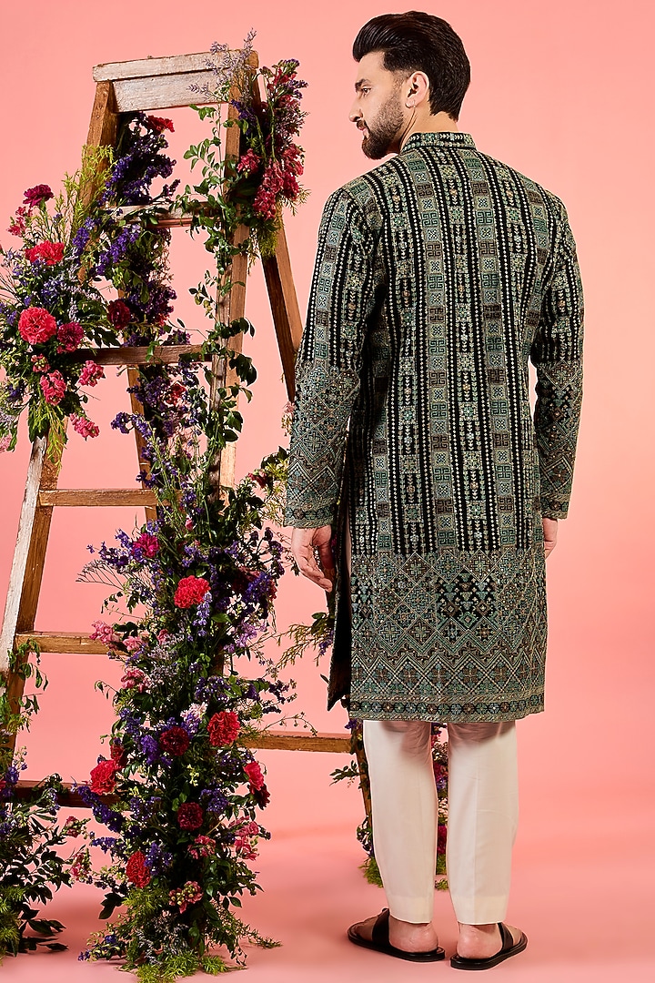 Black Georgette Kashmiri Threadwork Kurta by Kasbah Clothing at Pernia's Pop Up Shop