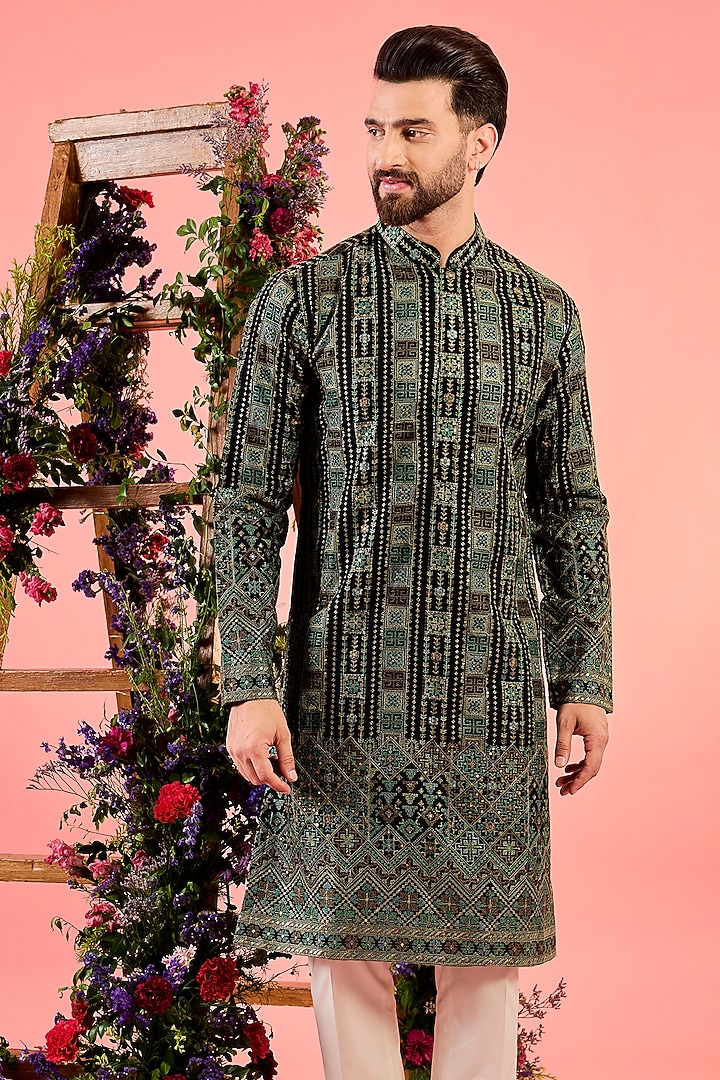 Black Georgette Kashmiri Threadwork Kurta by Kasbah Clothing at Pernia's Pop Up Shop