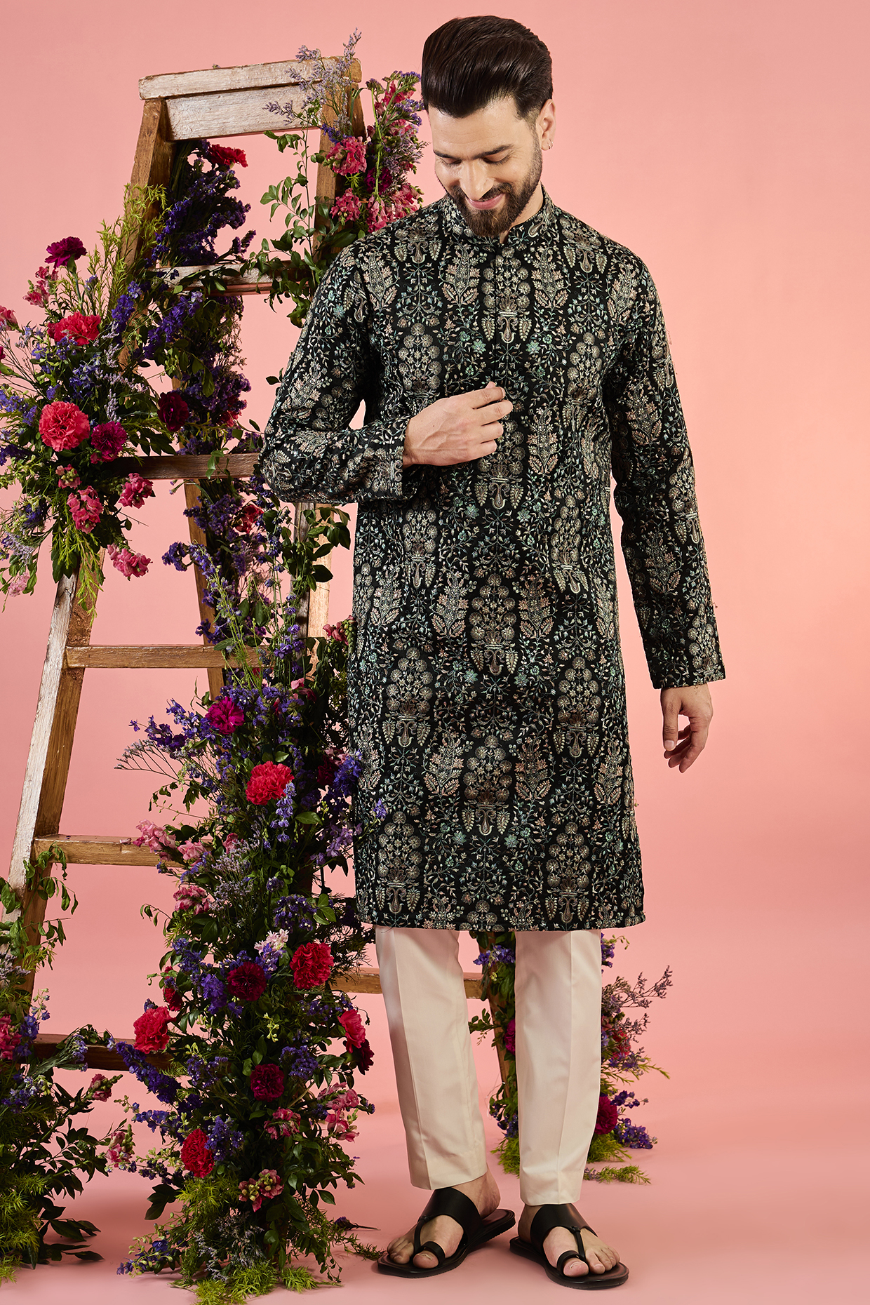Black Silk Threadwork Chikankari Kurta by Kasbah Clothing