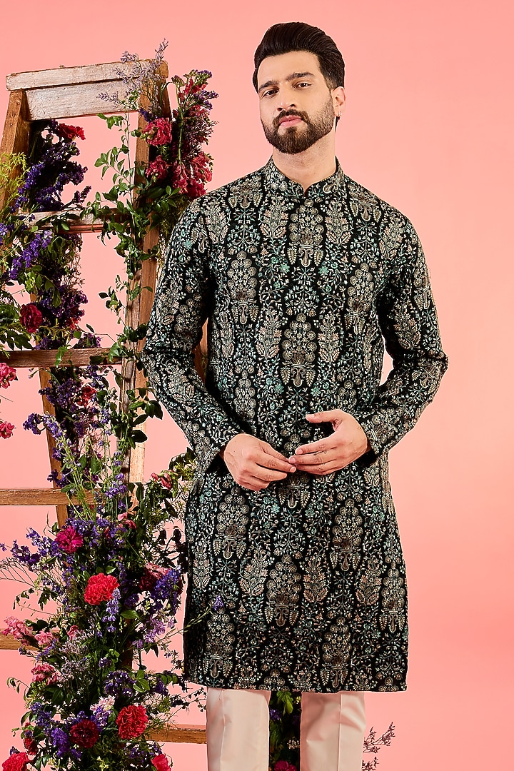 Black Silk Threadwork Chikankari Kurta by Kasbah Clothing at Pernia's Pop Up Shop