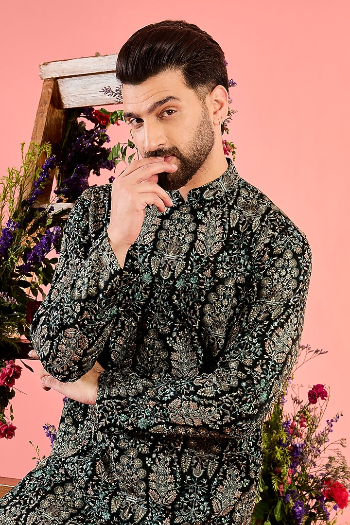 Black Silk Threadwork Chikankari Kurta by Kasbah Clothing at Pernia's Pop Up Shop