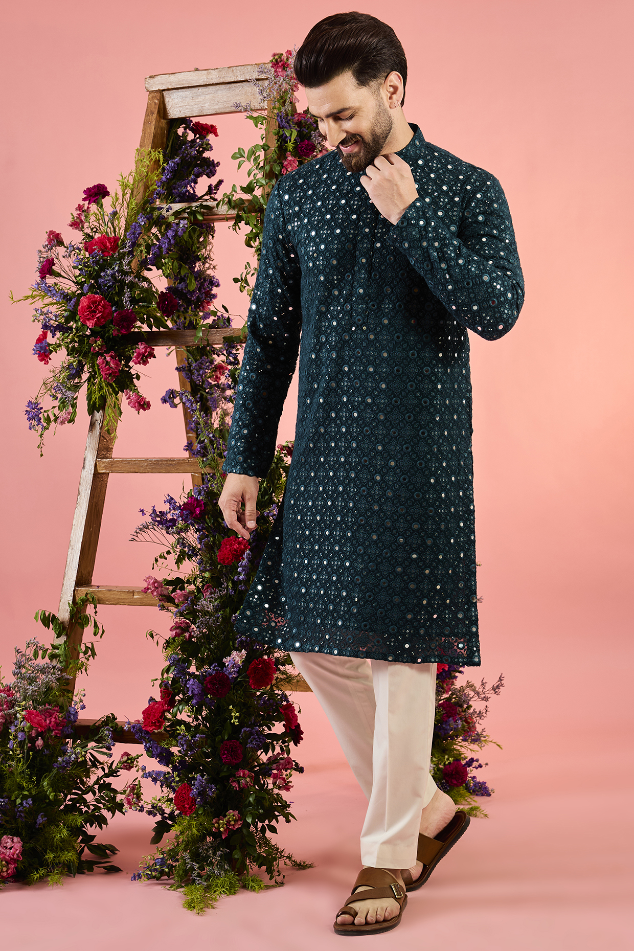 Green Georgette Sequin Embellished Kurta by Kasbah Clothing