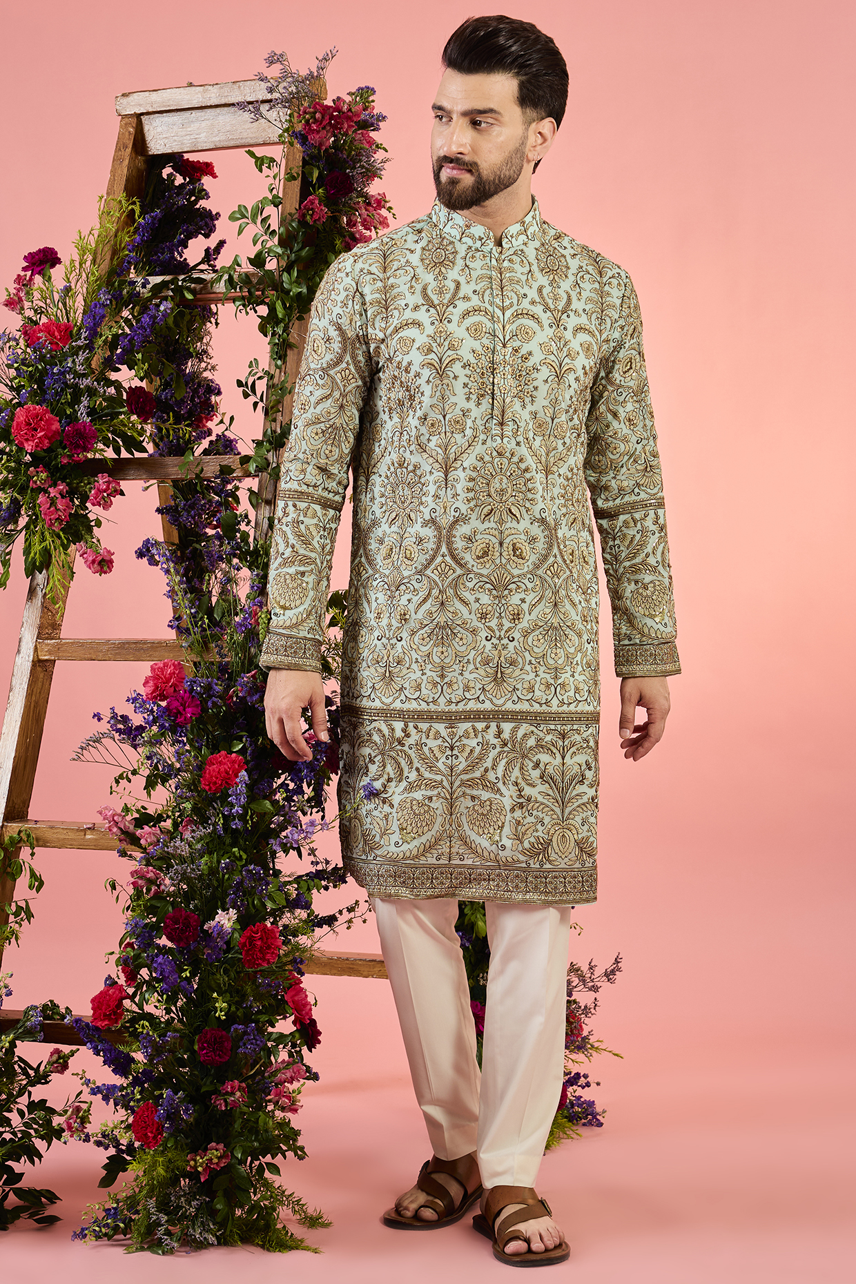 Blue Georgette Floral Zari Embroidered Chikankari Kurta by Kasbah Clothing